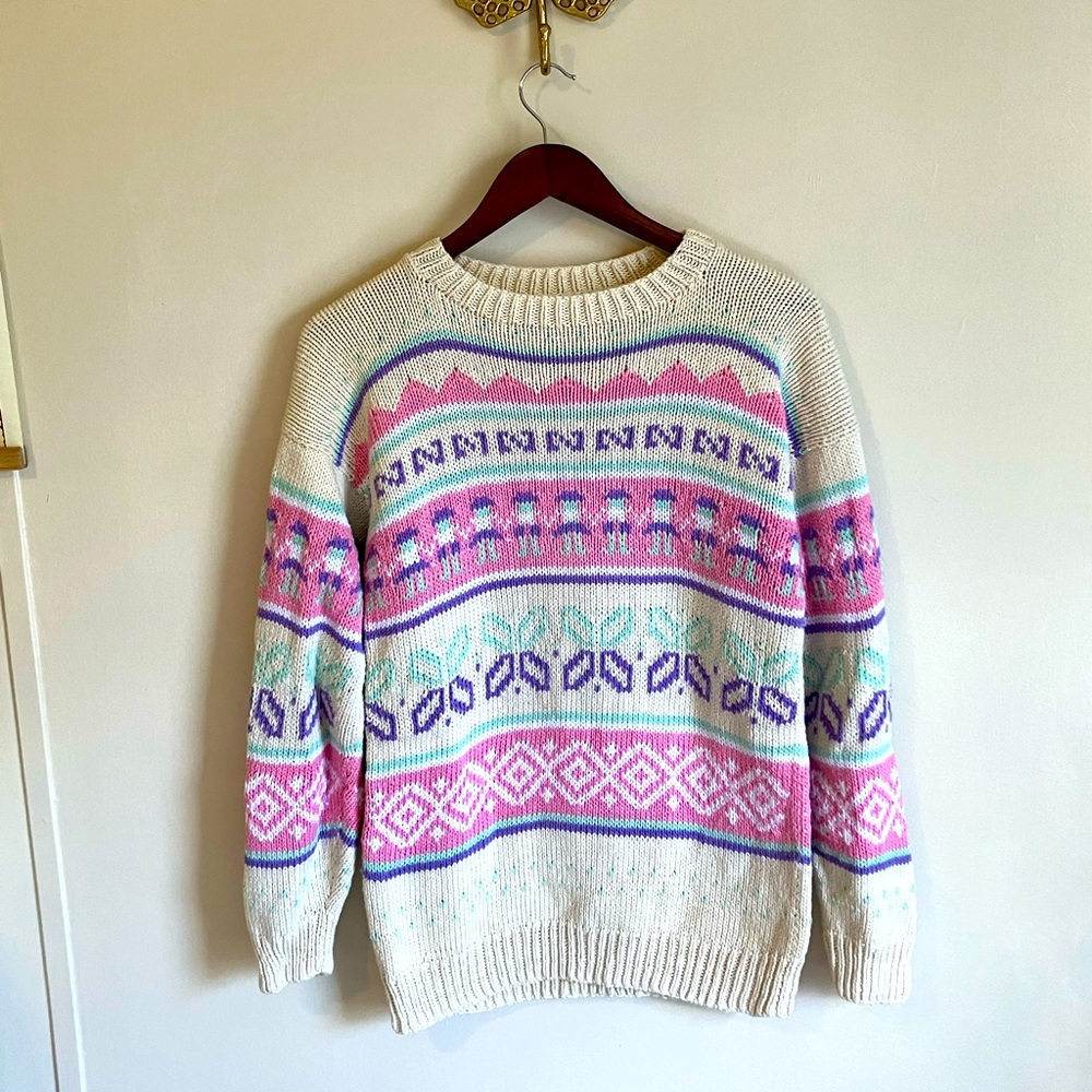Vintage White and Pink Crew Neck Sweater with Fair Isle Pattern